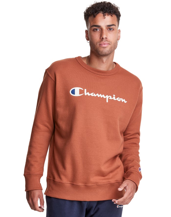 Champion Powerblend Fleece Crew Script Logo Erkek Sweatshirt Kahverengi ( OYAHGE493 )